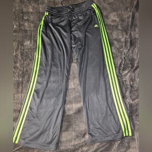 Adidas Womens Black Track Pants with Neon Green Stripes-Large